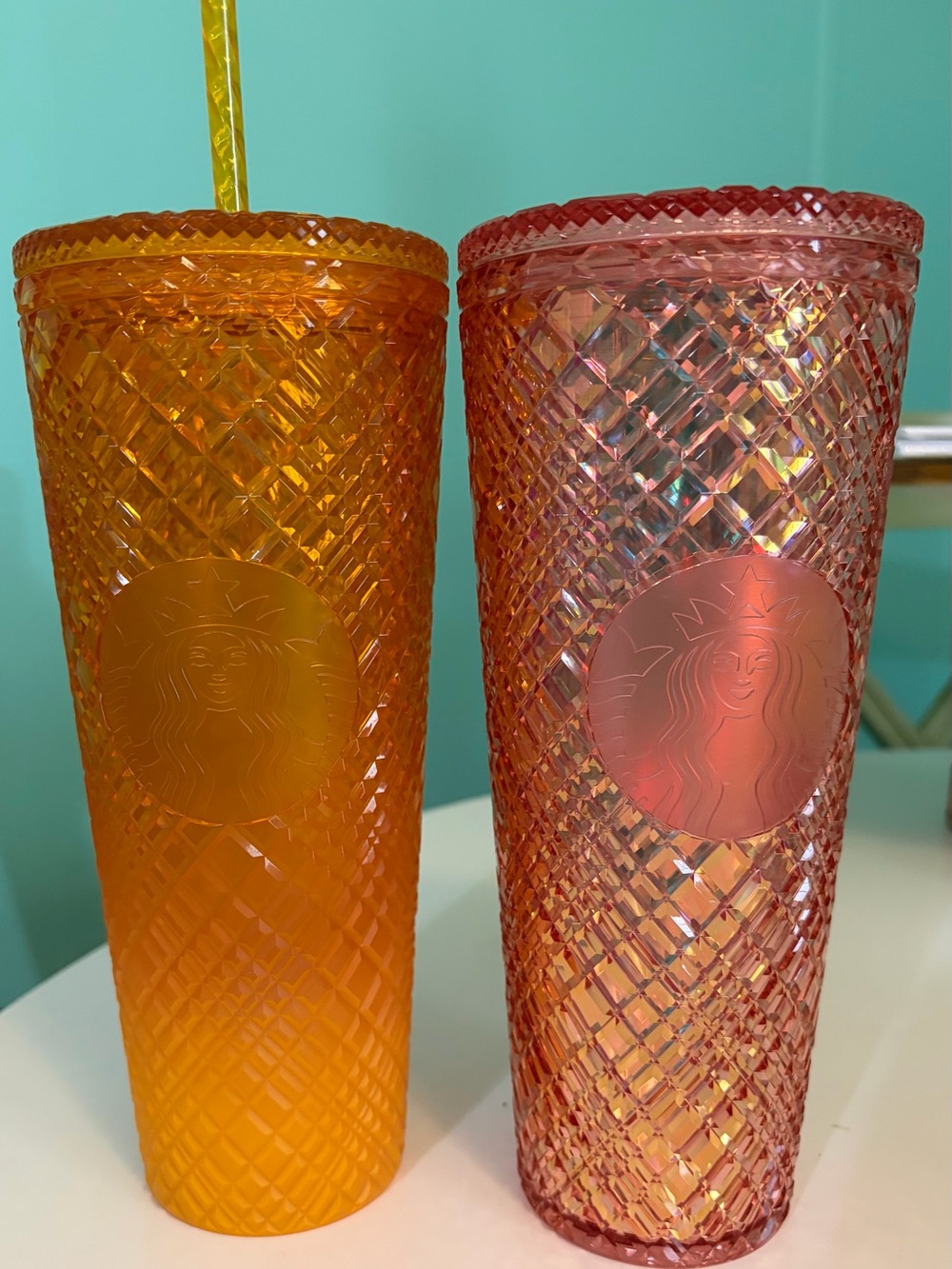 2 Starbucks Venti Orange & Pink Ombre Textured 24 Ounce Tumblers